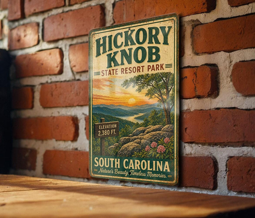 A vintage-style metal sign for Hickory Knob State Resort Park in South Carolina, featuring a scenic landscape with mountains, trees, and a sunset.