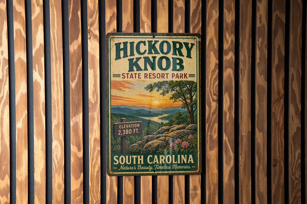 A vintage metal sign for Hickory Knob State Resort Park in South Carolina, featuring a scenic landscape with mountains, trees, and a sunset.
