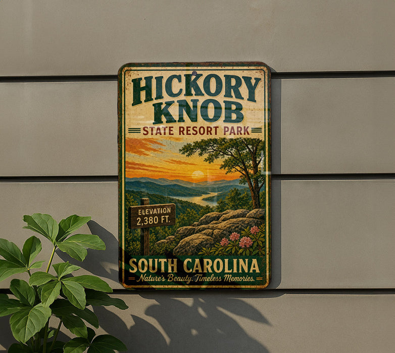 A vintage-style metal sign for Hickory Knob State Resort Park in South Carolina, featuring a scenic landscape with mountains, trees, and a sunset.