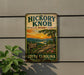 A vintage-style metal sign for Hickory Knob State Resort Park in South Carolina, featuring a scenic landscape with mountains, trees, and a sunset.