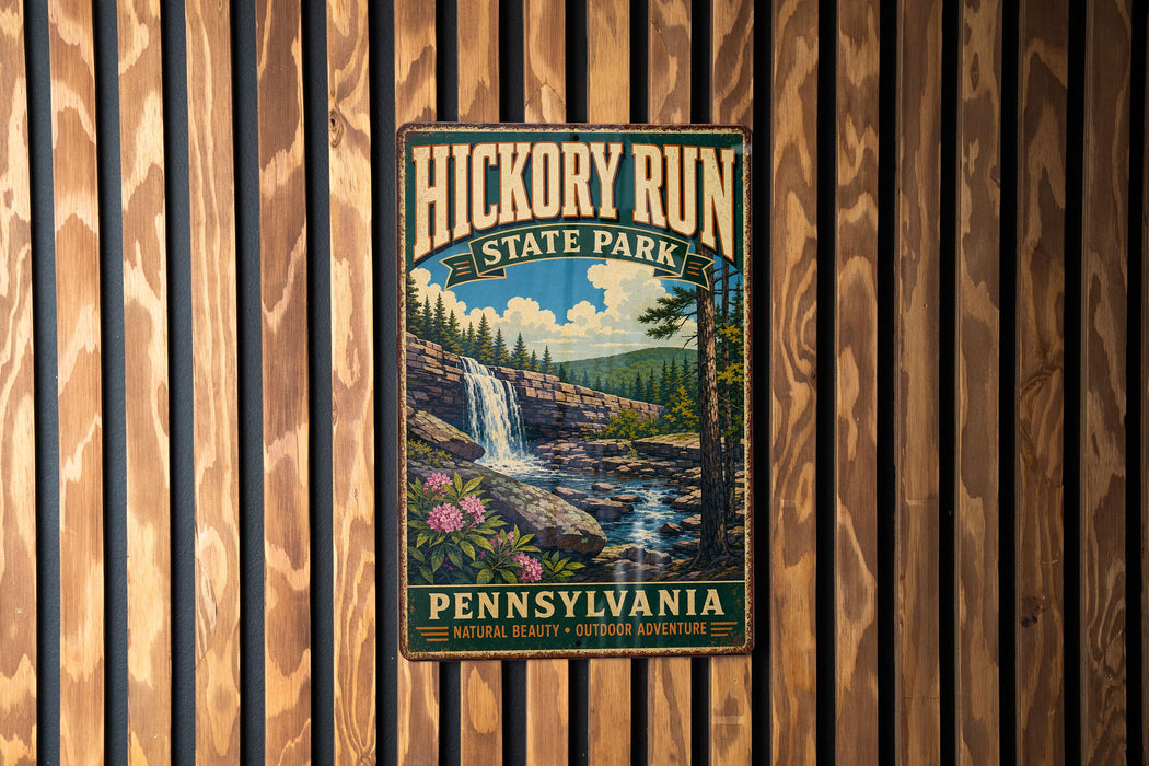 A vintage-style metal sign for Hickory Run State Park in Pennsylvania, featuring a waterfall and forest landscape.