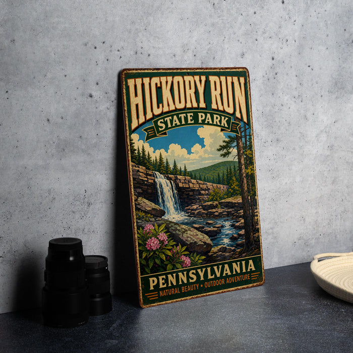 A vintage-style metal sign for Hickory Run State Park in Pennsylvania, featuring a scenic landscape with a waterfall and pine trees.