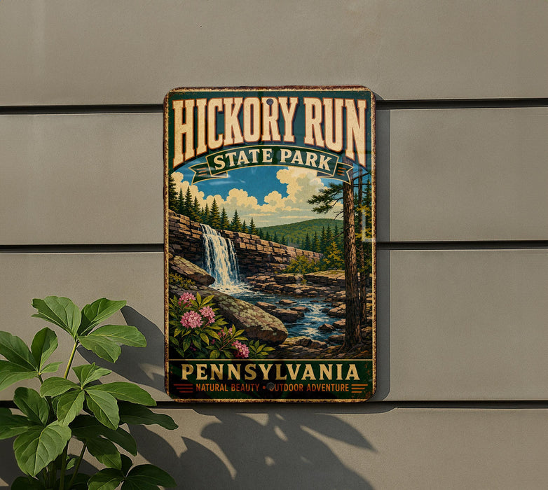 A vintage-style metal sign for Hickory Run State Park in Pennsylvania, featuring a scenic landscape with a waterfall and pine trees.