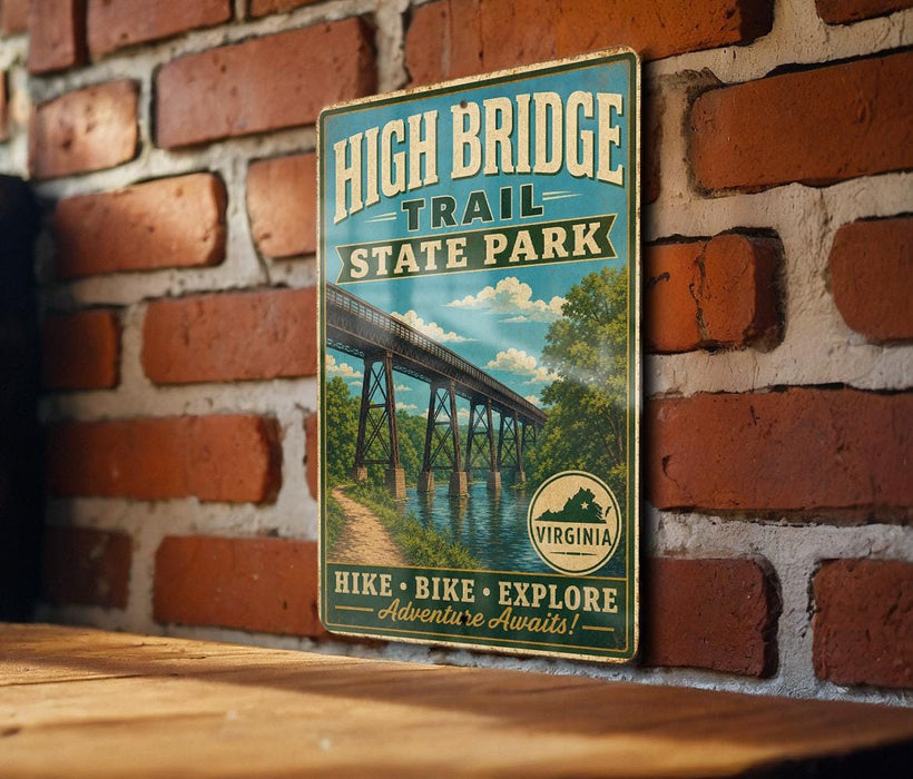A vintage-style metal sign for High Bridge Trail State Park in Virginia, featuring a bridge and a scenic landscape.