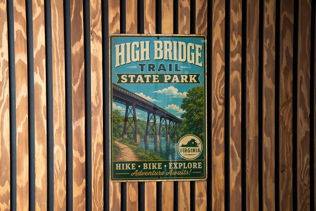 A vintage-style metal sign for High Bridge Trail State Park, featuring a bridge and a scenic landscape.