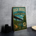 A vintage-style metal sign for High Bridge Trail State Park, featuring a bridge and a scenic landscape, is displayed on a gray concrete surface.