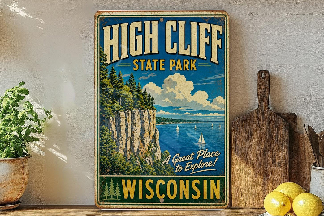 A vintage-style metal sign for High Cliff State Park in Wisconsin, featuring a scenic image of the park's cliffs and water.