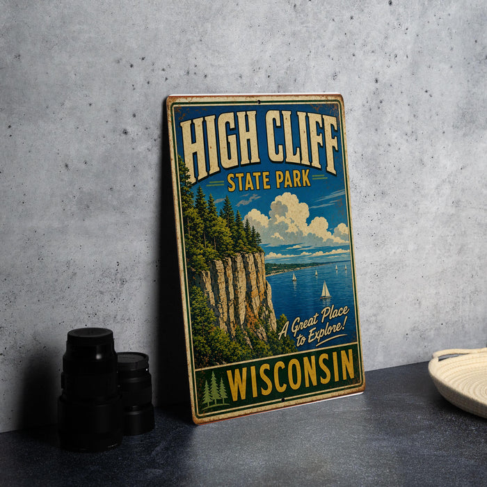 A vintage-style sign for High Cliff State Park in Wisconsin, featuring a scenic illustration of the park's cliffs and water.
