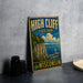 A vintage-style sign for High Cliff State Park in Wisconsin, featuring a scenic illustration of the park's cliffs and water.