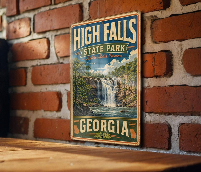 A vintage-style sign for High Falls State Park in Georgia, featuring a scenic image of a waterfall surrounded by lush greenery.