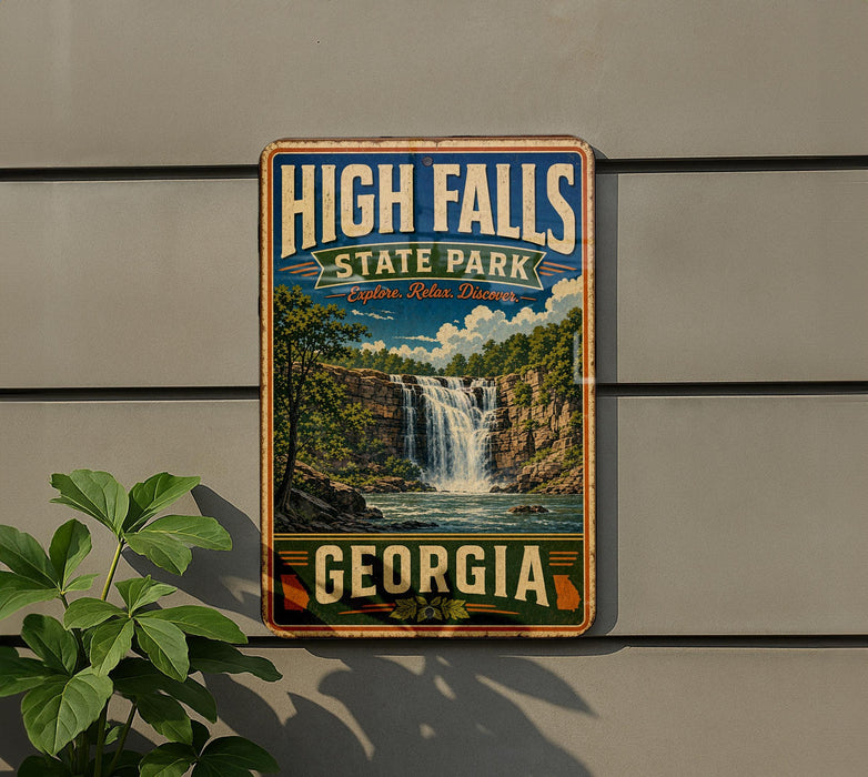 A vintage-style metal sign for High Falls State Park in Georgia, featuring a scenic waterfall and lush greenery.