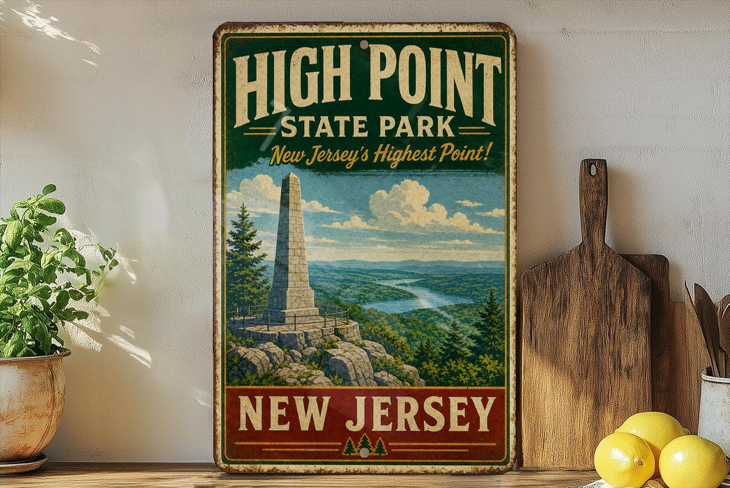 A vintage-style sign for High Point State Park in New Jersey, featuring a scenic image of the park and a mountain.