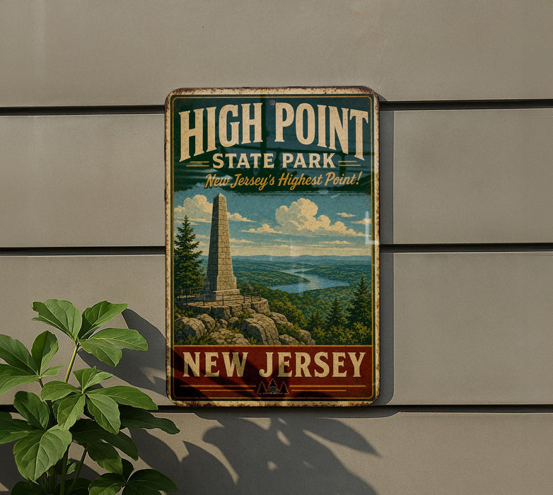 A vintage-style metal sign for High Point State Park in New Jersey, featuring a scenic landscape with a tall monument and a river.
