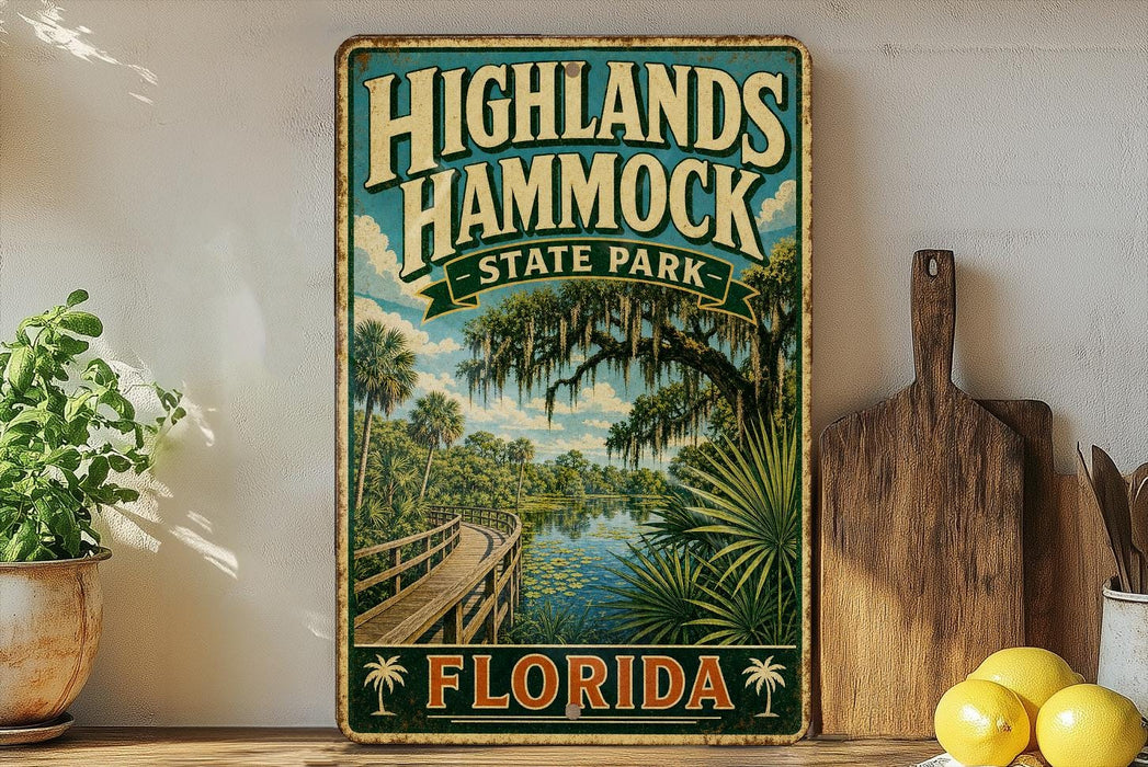 A vintage-style sign for Highlands Hammock State Park in Florida, featuring a scenic illustration of a wooden boardwalk and a body of water surrounded by palm trees.