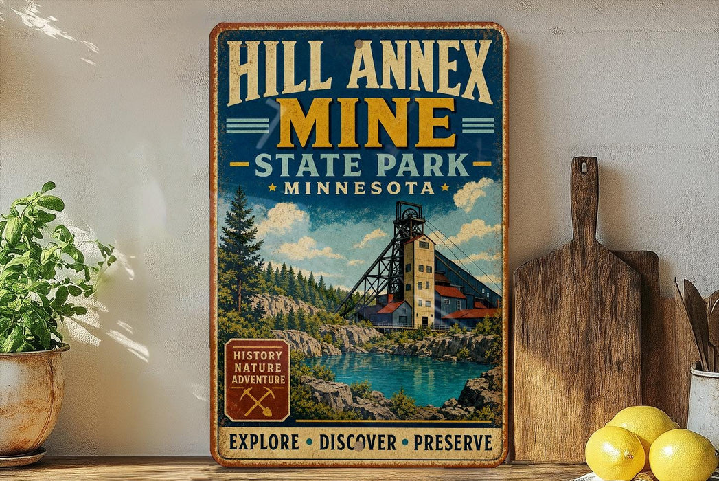 A vintage-style poster advertising Hill Annnex Mine in Minnesota, featuring a scenic landscape with a river, mountains, and a coal mine.