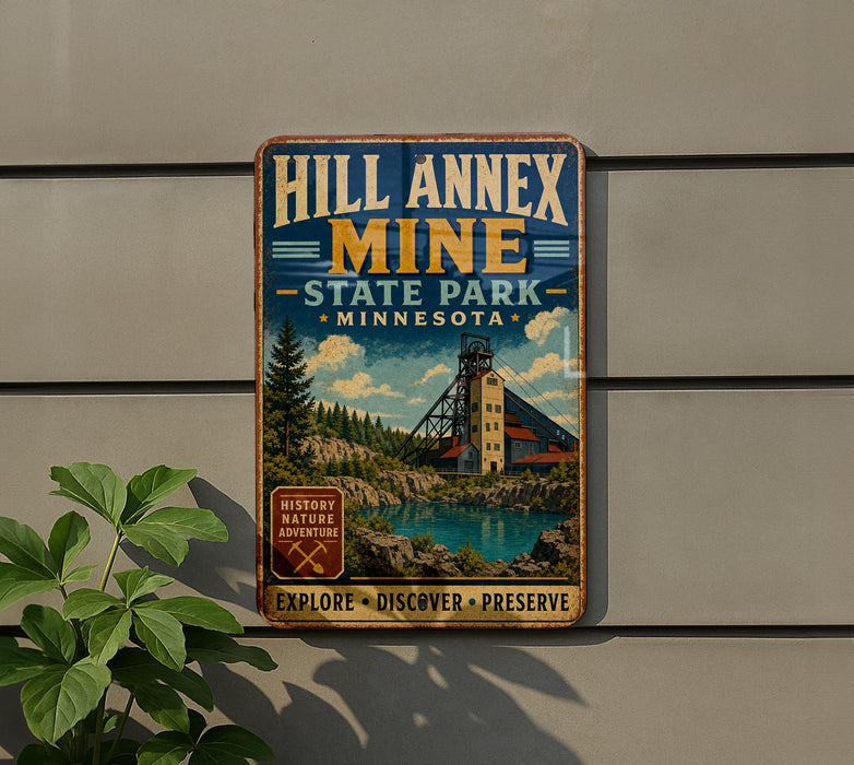 A vintage-style metal sign for Hill Annnex Mine in Minnesota, featuring a scenic illustration of the mine and surrounding landscape.