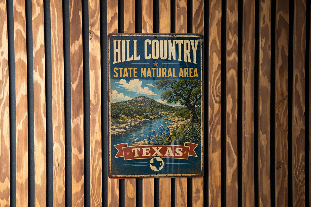 A vintage-style metal sign for the Hill Country State Natural Area in Texas, featuring a scenic landscape with a river and mountains.
