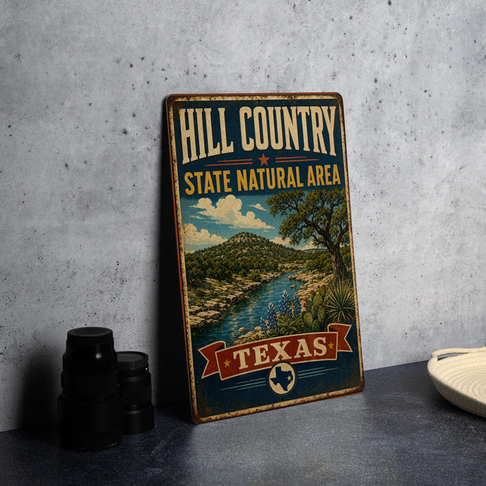 A vintage-style metal sign for Hill Country, Texas, featuring a scenic landscape with a river and mountains.