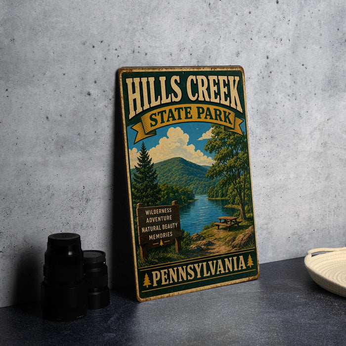 A vintage-style sign for Hills Creek State Park in Pennsylvania, featuring a scenic landscape with a river, mountains, and a picnic area.