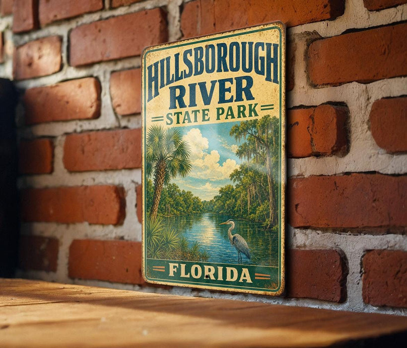 A vintage metal sign for Hillsborough River State Park in Florida, featuring a scenic illustration of a river surrounded by palm trees and a heron.
