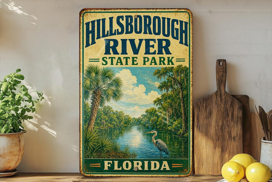 A vintage-style sign for Hillsborough River State Park in Florida, featuring a serene landscape with palm trees, a heron, and a river.