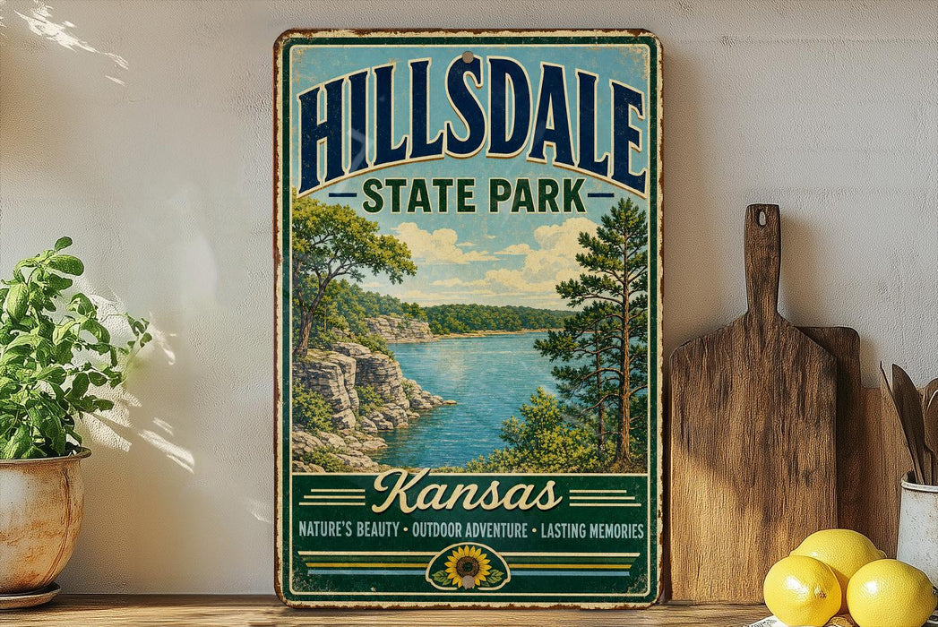 A vintage-style metal sign for Hillsdale State Park in Kansas, featuring a scenic landscape with a lake and mountains.