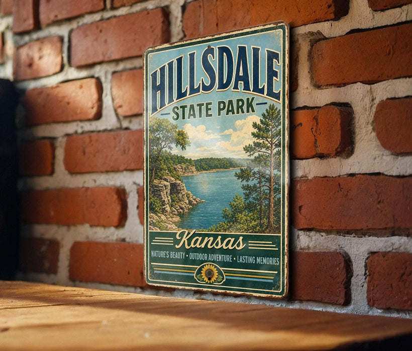 A vintage metal sign for Hillsdale State Park in Kansas, featuring a scenic landscape with a lake and mountains.