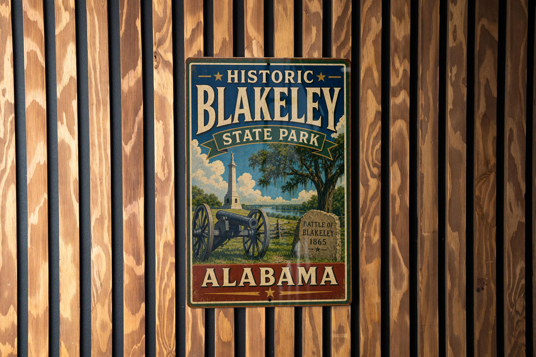 A vintage metal sign for Historic Blakeley State Park in Alabama, featuring a cannon and a tree, is displayed on a wooden wall.