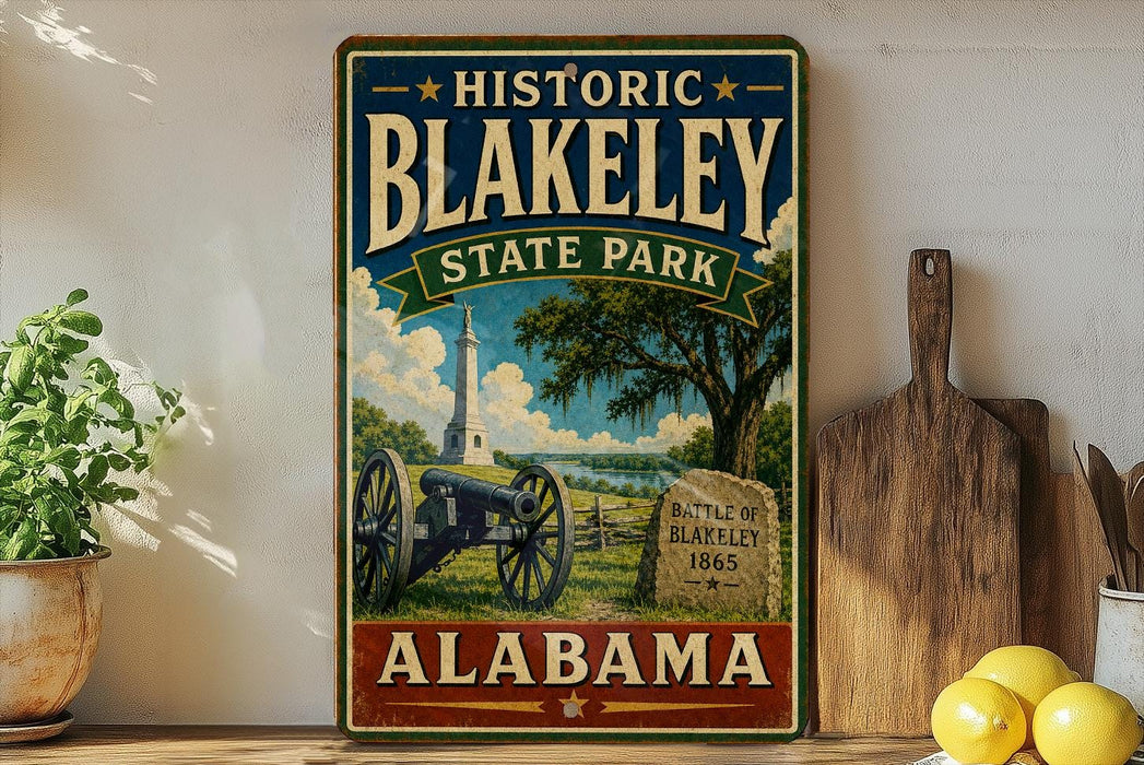 A vintage-style metal sign for Historic Blakeley State Park in Alabama, featuring a cannon and a landscape scene.