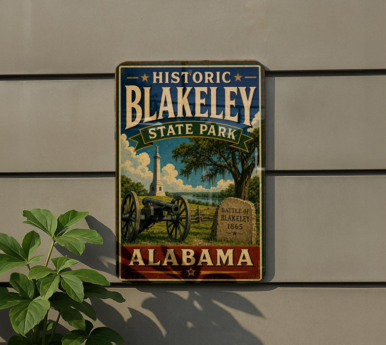 A vintage-style metal sign for Historic Blakeley State Park in Alabama, featuring a cannon and a battle monument, mounted on a wall.