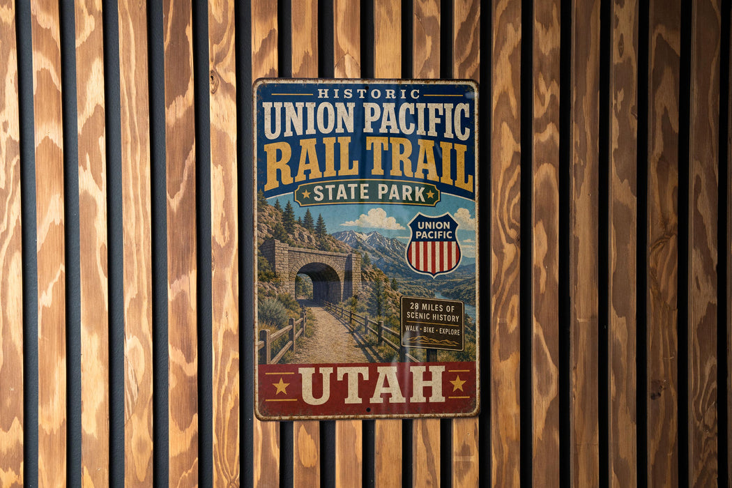 A vintage-style metal sign for the Union Pacific Rail Trail in Utah, featuring a scenic image of a tunnel and mountains.