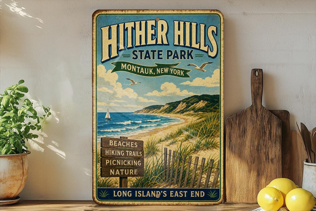 A vintage-style sign for Hither Hills State Park, featuring a beach, hiking trails, picnicking, and nature, with a wooden paddle and a potted plant in the foreground.