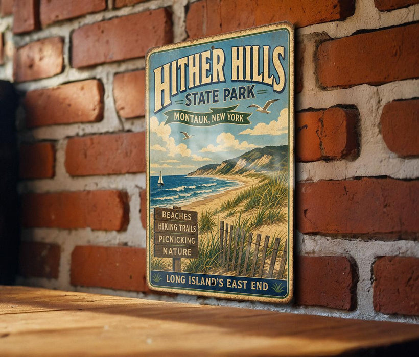 A vintage-style metal sign for Hitter Hills State Park, mounted on a brick wall.