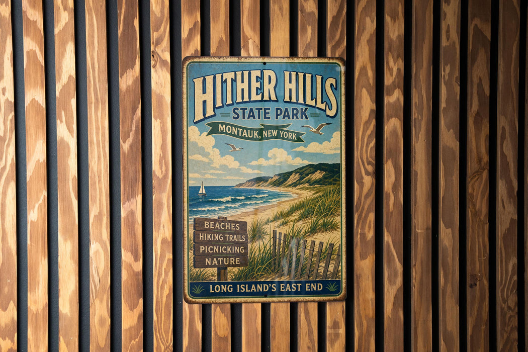 A vintage metal sign for Hither Hills State Park, Montauk, New York, mounted on a wooden wall.