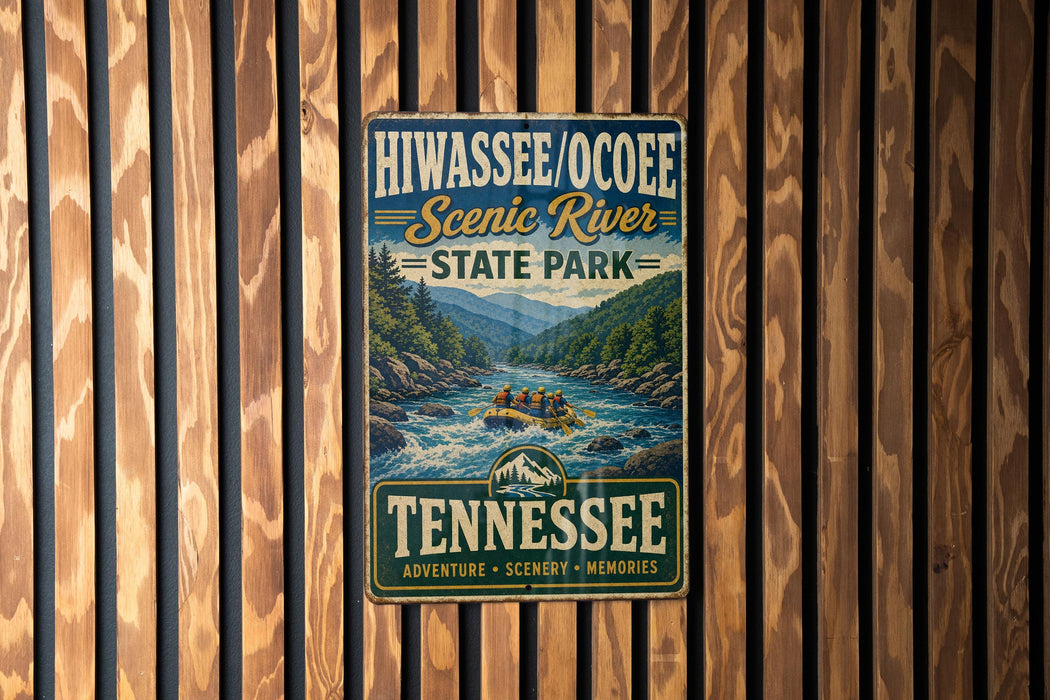 A vintage-style metal sign for Hiwasseocoeate Scenic River State Park in Tennessee, featuring a river scene with people rafting.