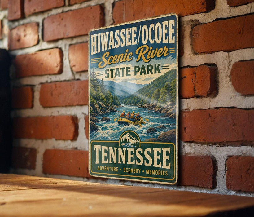 A vintage-style sign for Hiwasseeochee Scenic River State Park in Tennessee, featuring a river scene with people rafting.
