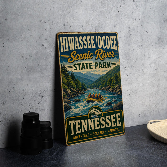 A vintage-style sign for Hiwassee Ocoee Scenic River State Park, featuring a river scene with people rafting, and the text "Hiwassee Ocoee Scenic River State Park" and "Tennessee" printed on it.