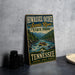 A vintage-style sign for Hiwassee Ocoee Scenic River State Park, featuring a river scene with people rafting, and the text "Hiwassee Ocoee Scenic River State Park" and "Tennessee" printed on it.