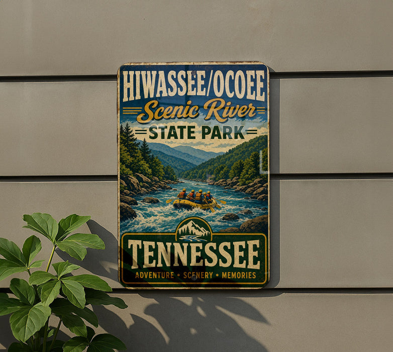 A vintage-style sign for Hiwassee/Ocee Scenic River State Park, featuring a river scene with people rafting and mountains in the background.
