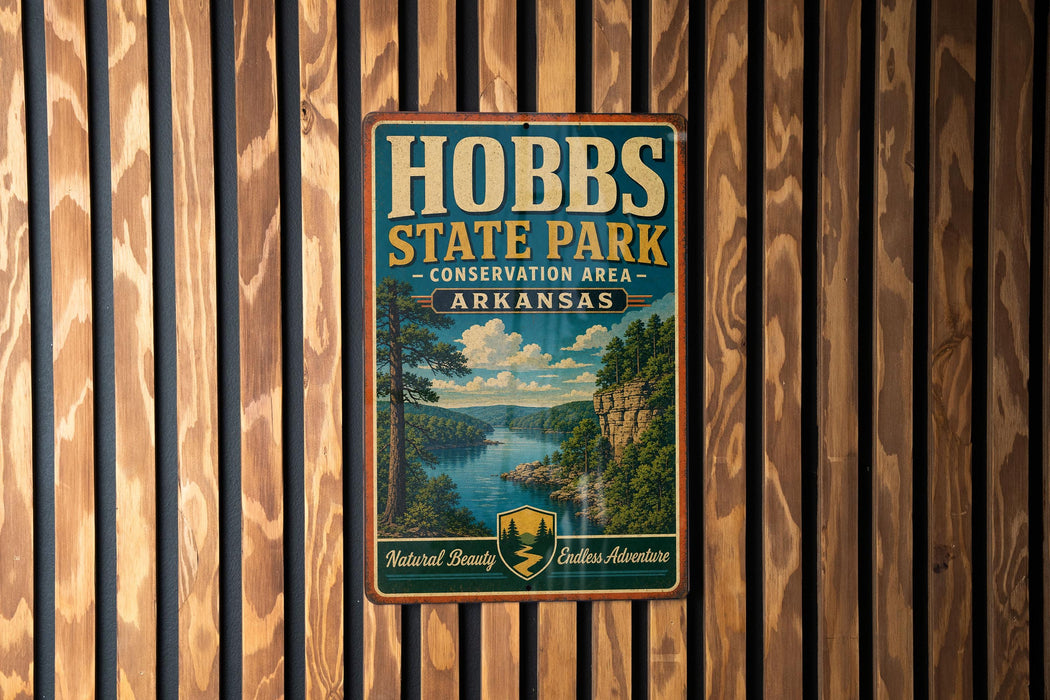 A vintage metal sign for Hobbs State Park, featuring a scenic landscape with a river and mountains, mounted on a wooden wall.