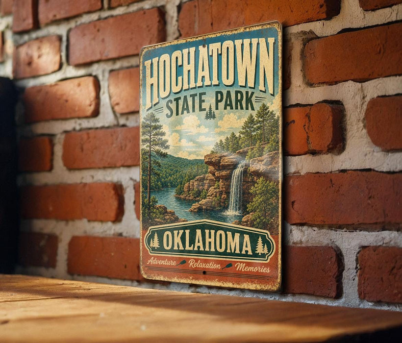 A vintage-style metal sign for HochatOWN State Park in Oklahoma, featuring a scenic landscape with a waterfall and pine trees.