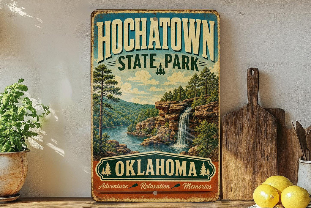 A vintage-style sign for HochatOWN State Park in Oklahoma, featuring a scenic landscape with a waterfall and pine trees.