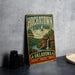 A vintage-style sign for HochatOWN State Park in Oklahoma, featuring a scenic landscape with a waterfall and pine trees.