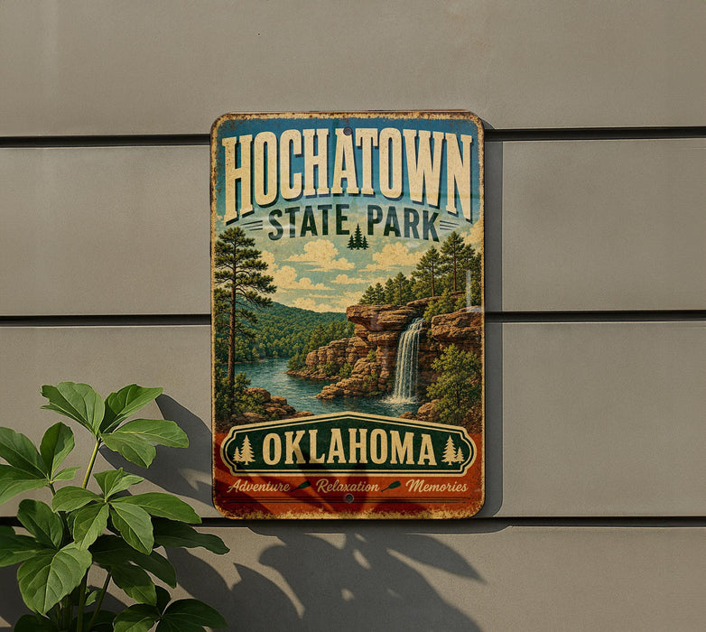 A vintage-style sign for Hochtown State Park in Oklahoma, featuring a scenic landscape with a waterfall and pine trees.