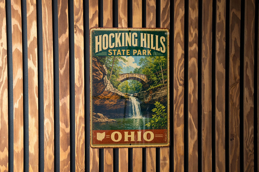 A vintage-style metal sign for Hocking Hills State Park in Ohio, featuring a scenic image of a waterfall surrounded by lush greenery.