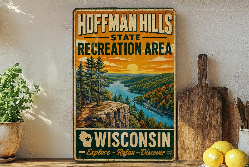 A vintage-style metal sign for Hoffman Hills State Recreation Area in Wisconsin, featuring a scenic landscape with a river, mountains, and trees.