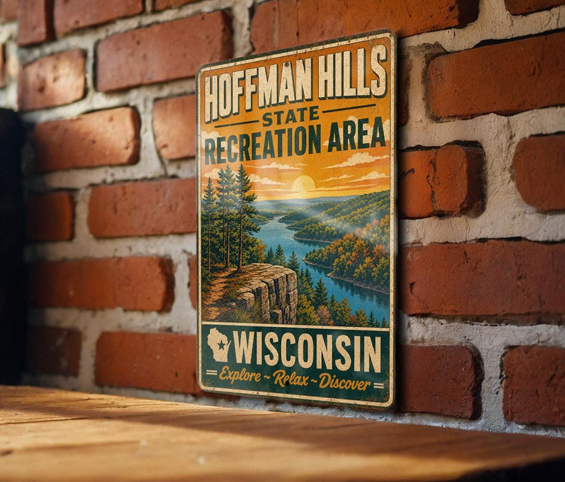 A vintage-style metal sign for Hoffman Hills State Recreation Area in Wisconsin, featuring a scenic landscape with a sunset over a lake.