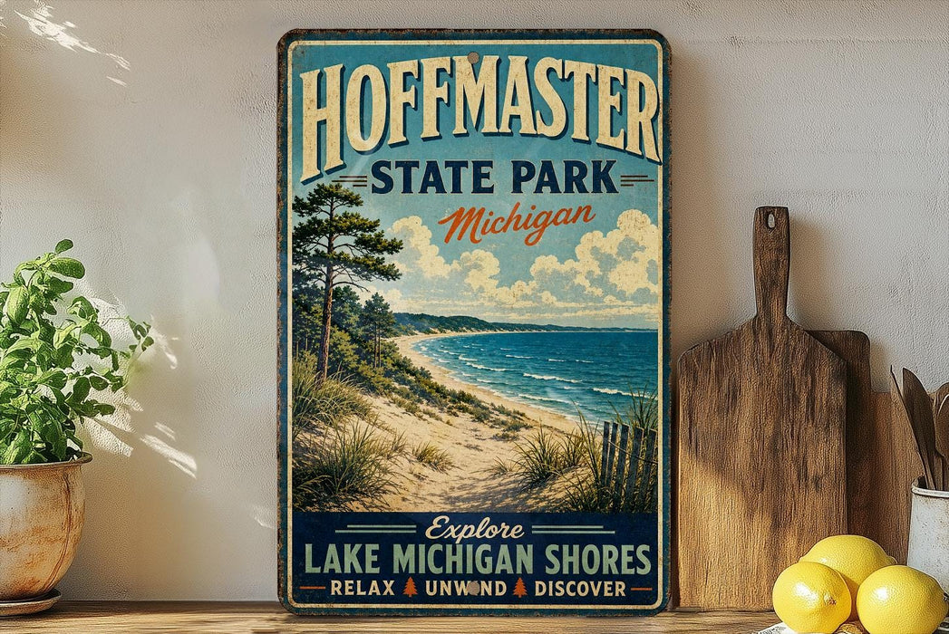 A vintage-style sign for Hoffman State Park, Michigan, featuring a scenic beach landscape with a pine tree and a wooden paddleboard.
