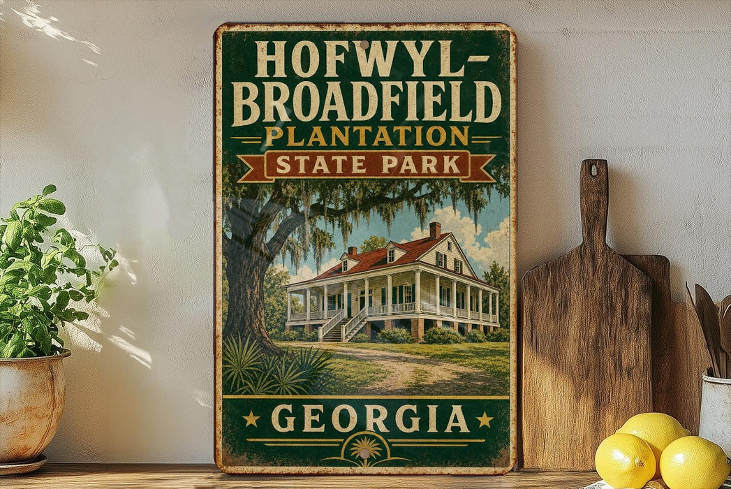 A vintage-style sign for Hofwyll Broadfield Plantation State Park in Georgia, featuring a house and palm trees, is displayed on a shelf next to a wooden cutting board and some lemons.