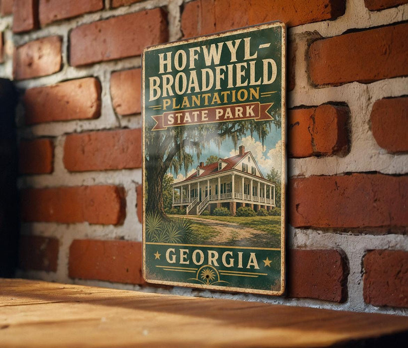 A vintage-style sign for Hofwyll-Broadfield Plantation State Park in Georgia, featuring a house surrounded by palm trees.